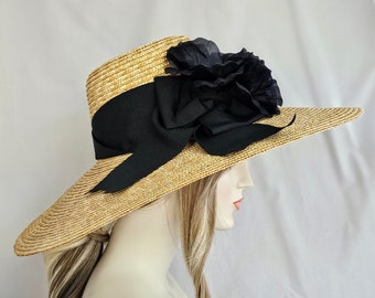 Classic Large Straw Sun Hat with Vintage Black Poppies Ribbon, Womens natural straw hat, millinery, summer hat, milan straw hat