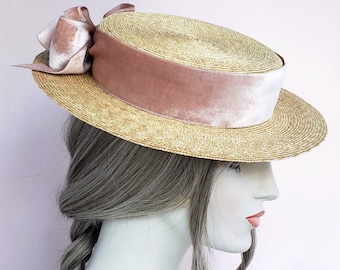 Milan Straw Boater with Champagne Pink Vintage French Velvet Ribbon, Straw Hat, Millinery, Edwardian, wedding bridal