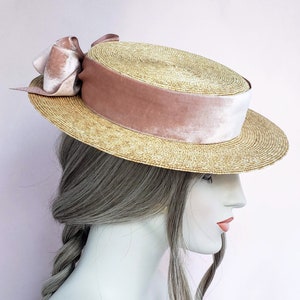 Milan Straw Boater with Champagne Pink Vintage French Velvet Ribbon, Straw Hat, Millinery, Edwardian, wedding bridal