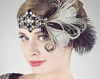 Party Girl Peacock Feather Flapper Headband Black And Champagne, 1920sflapper, great gatsby headband, feather headband