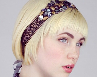 Charlotte Black And Smokey Blue Beaded Headband, applique headband