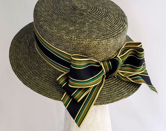 Moss Green Milan Straw Boater with Vintage French Ribbon, Straw Hat, Millinery, Edwardian, suffragette, canotier