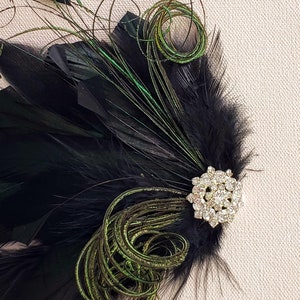 Belle Epoch Black And Green Feather Hair Clip, Flapper Headpiece, Saloon Girl, Roaring 20s crystal silver