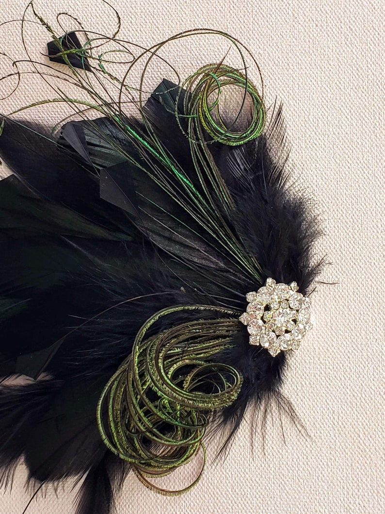 Belle Epoch Black And Green Feather Hair Clip, Flapper Headpiece, Saloon Girl, Roaring 20s crystal silver