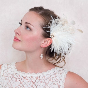 Ivory Ostrich Feather Hair Clip with Crystal Gold Brooch, wedding bridal, fascinator, belle epoch, 1920s flapper hair clip