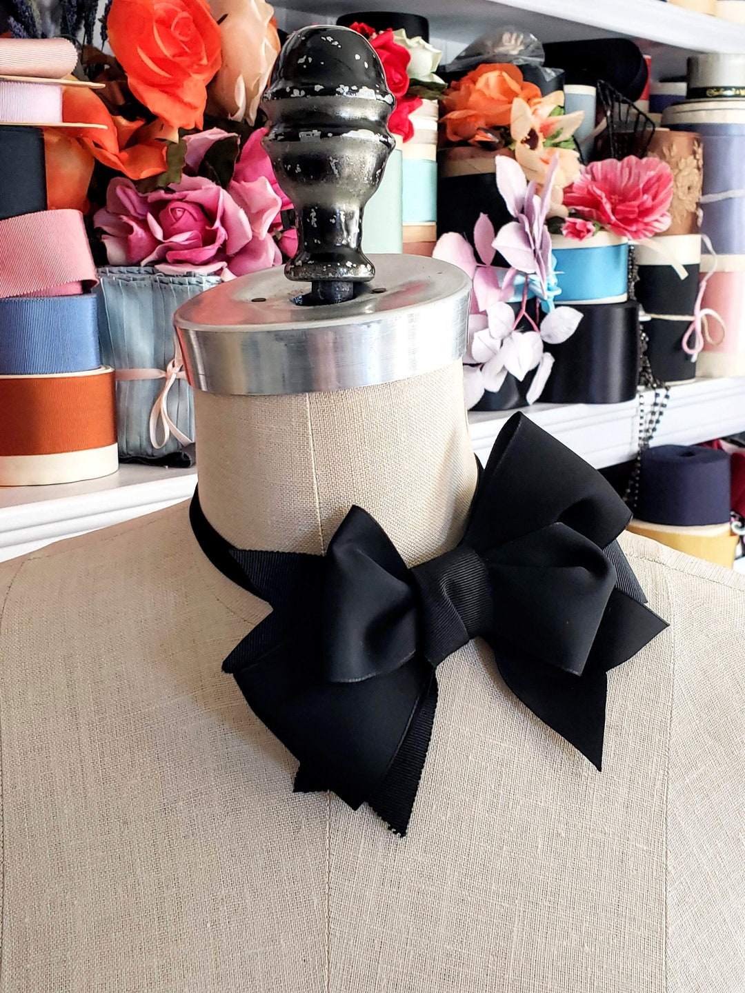 Jet Black Vintage Ribbon Bow Choker, Ribbon Choker, Velvet Choker