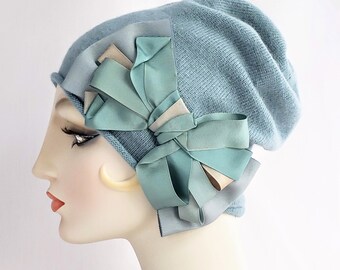 Cashmere and Wool Knit Beanie, Knit Cloche, Dusty Blue Knit Hat with Vintage ribbon bow, 1920's flapper style, womens