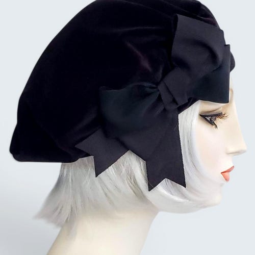Béret en velours noir Lux avec noeud de ruban vintage, chapeau, béret pour femme, chapellerie