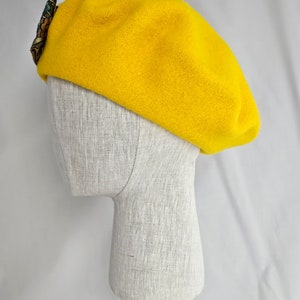 Golden Yellow Wool Beret with Floral Ribbon Bow, women's tam, winter hat, handmade retro style beret image 3