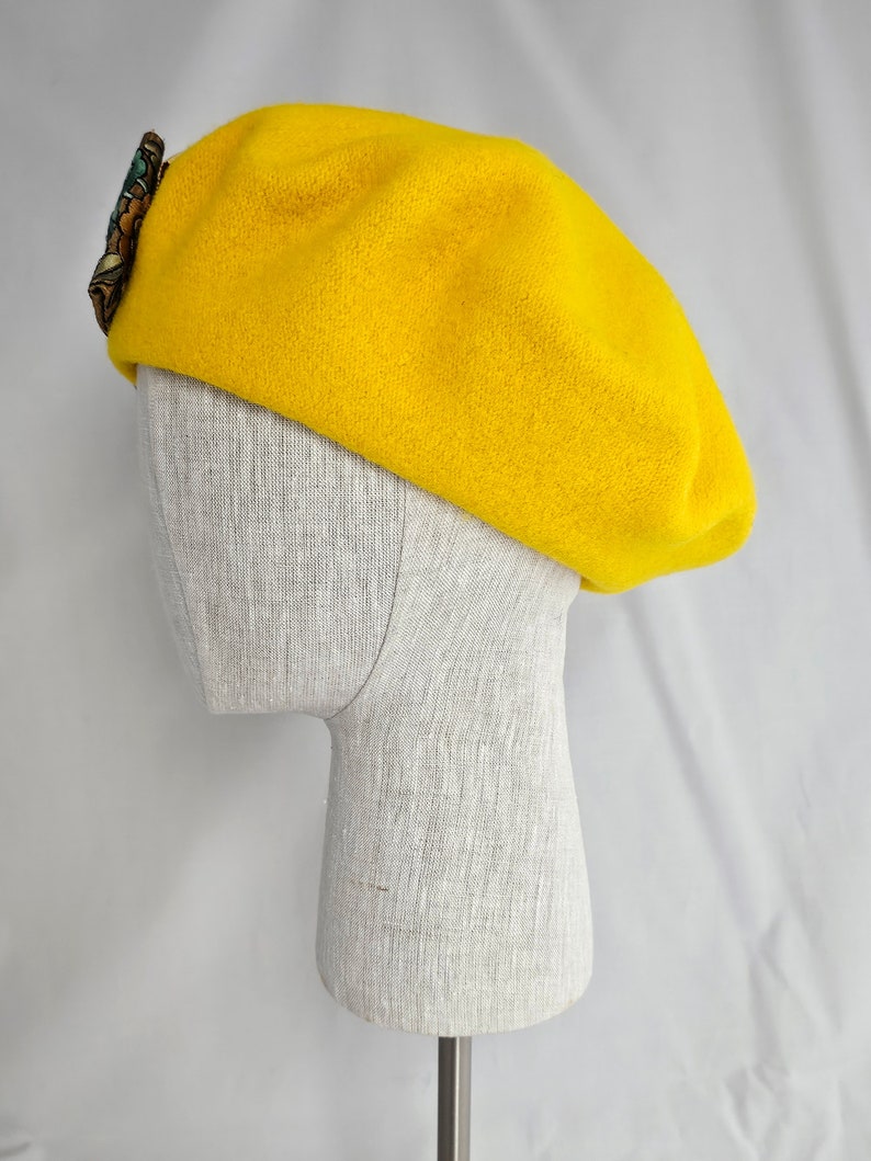 Golden Yellow Wool Beret with Floral Ribbon Bow, women's tam, winter hat, handmade retro style beret image 3