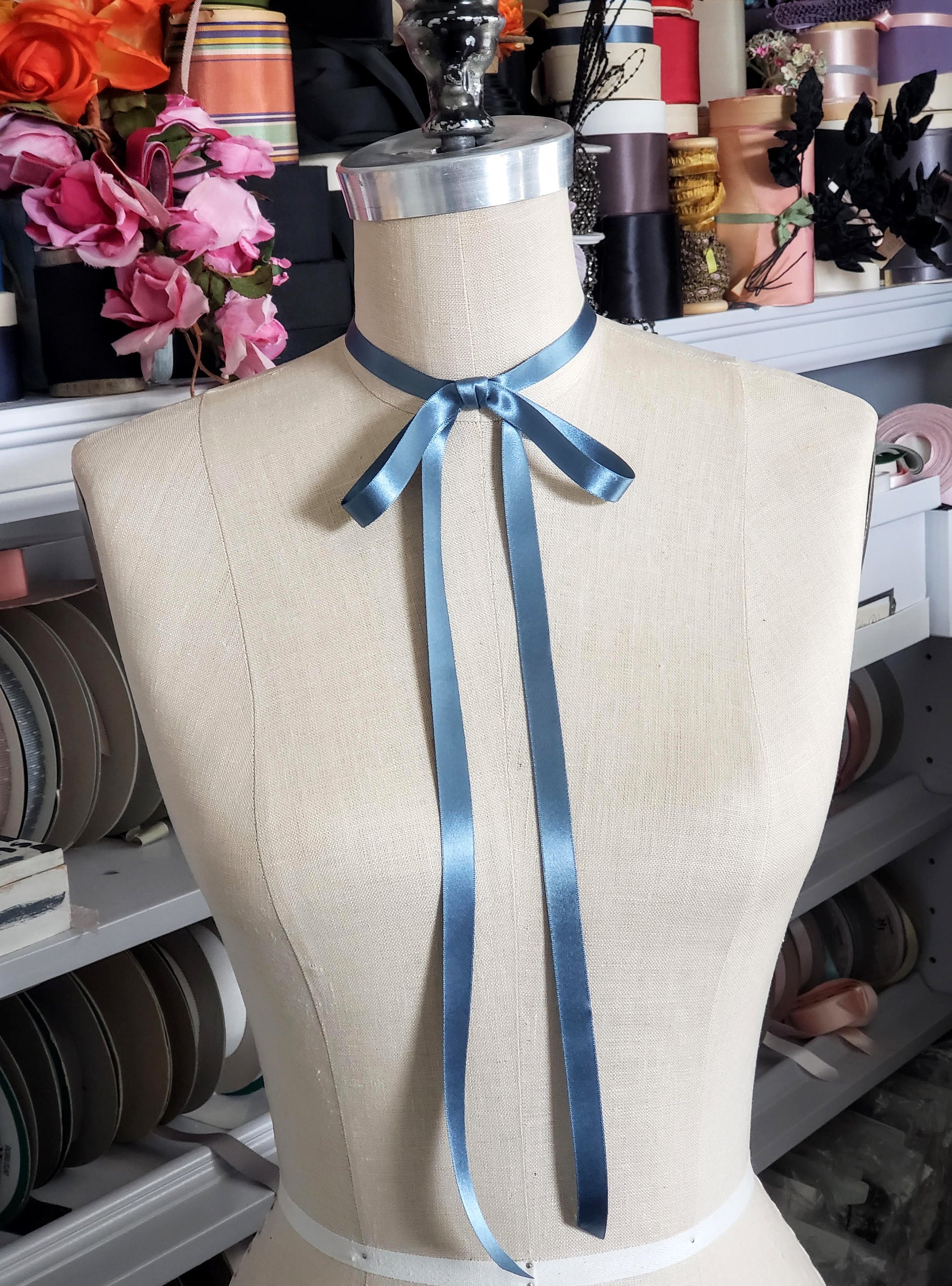 Blue Vintage Satin Ribbon Choker, Bow Choker, Ribbon Necklace