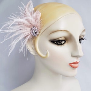 Champagne Pink Ostrich Feather Hair Clip with Rhinestone Brooch, wedding bridal, fascinator, belle epoch, 1920s flapper image 3