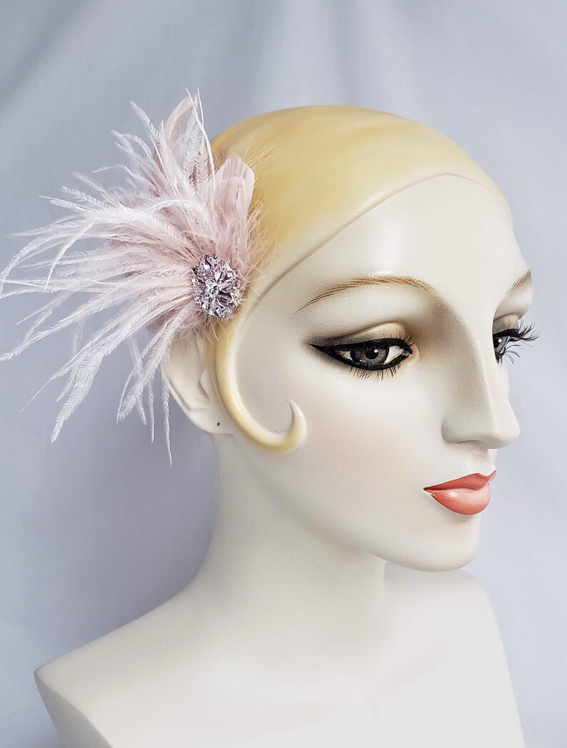 Champagne Pink Ostrich Feather Hair Clip with Rhinestone Brooch, wedding bridal, fascinator, belle epoch, 1920s flapper image 3