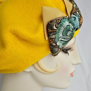 Golden Yellow Wool Beret with Floral Ribbon Bow, women's tam, winter hat, handmade retro style beret image 6