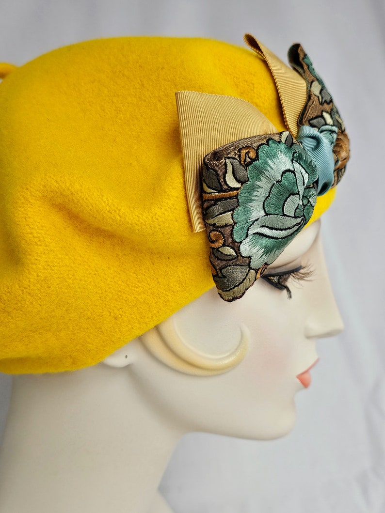 Golden Yellow Wool Beret with Floral Ribbon Bow, women's tam, winter hat, handmade retro style beret image 6