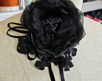 Black Silk Rose Flower Choker, velvet ribbon choker, flower necklace, flower corsage, jabot