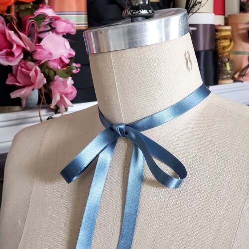 Blue Vintage Satin Ribbon Choker, Bow Choker, Ribbon Necklace