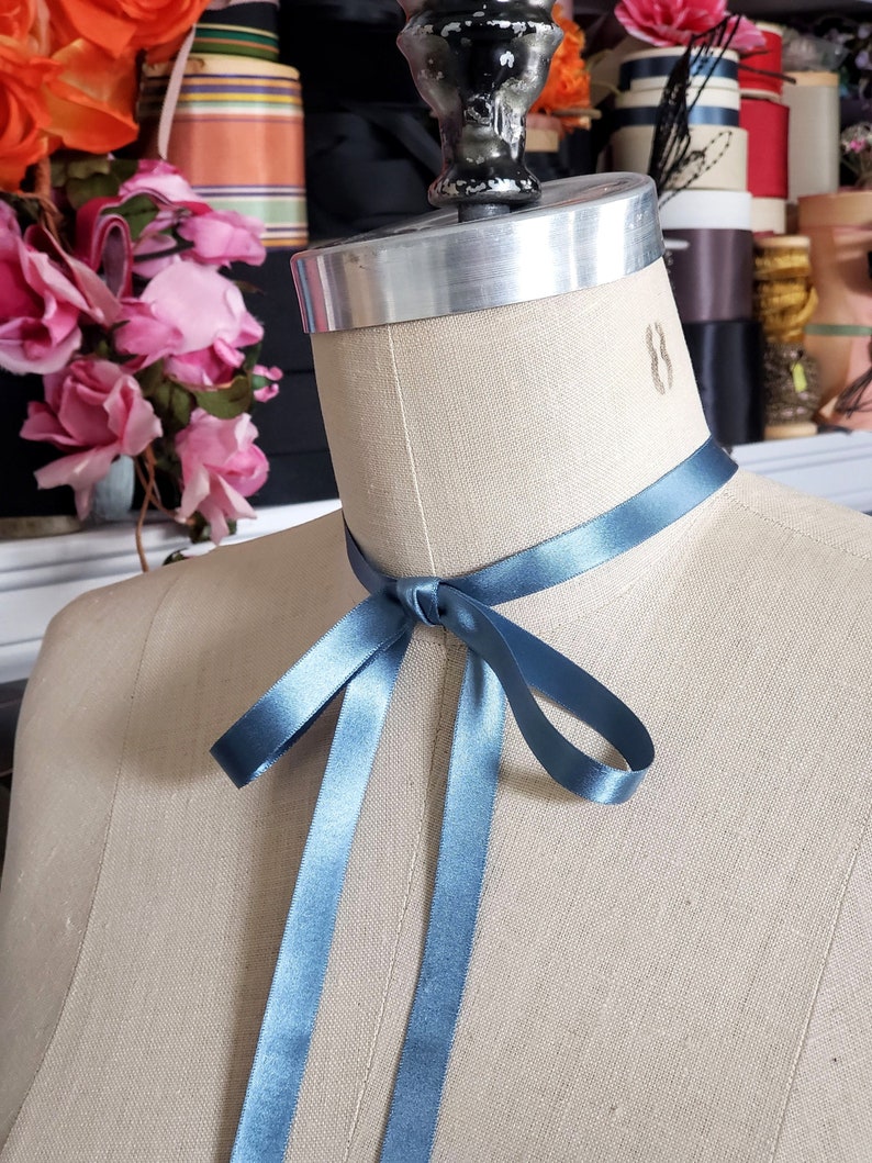 Blue Vintage Satin Ribbon Choker, bow choker, ribbon necklace, Belle Epoch, jabot, with clasp image 1