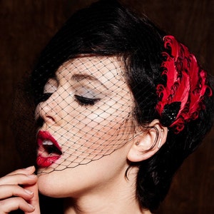 Black Birdcage Veil, Red and Black Feather Hair Clip, half face veil, full face veil