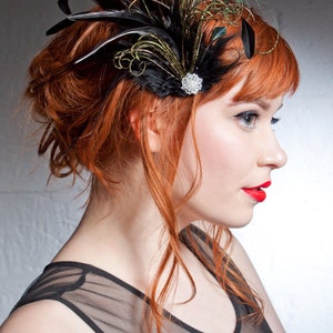 Belle Epoch Black And Green Feather Hair Clip, Flapper Headpiece, Saloon Girl, Roaring 20s image 3