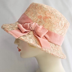 Peaches and Cream Lace Hat, Lace Boater, Cloche, Millinery, Vintage style, fabric hat, Edwardian, Flapper