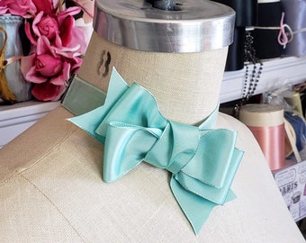 Antoinette Aqua Green Vintage Ribbon Bow Choker, ribbon choker, velvet choker, jabot, bow tie, women's accessories, handmade