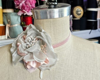 Silver Gray And Pink Silk Flower Choker, flower necklace, velvet ribbon choker, rose flower corsage, wedding bridal