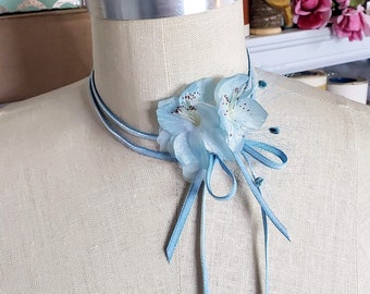 Pastel Blue Vintage Silk Flower Choker, Velvet Ribbon Choker, ribbon necklace, vintage ribbon choker, jabot, Belle Epoch