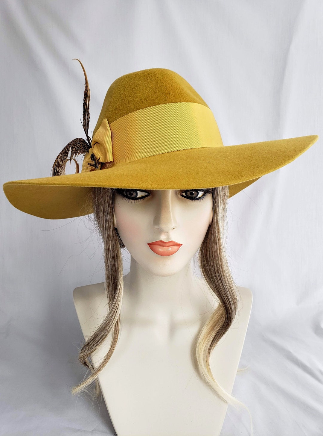 Mustard Yellow Large Brim Hat, Felt Hat, Floppy Brim, Boho Style