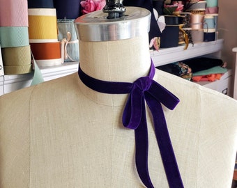 Royal Purple French Vintage Velvet And Silk Ribbon Choker, ribbon necklace, vintage ribbon choker, Belle Epoch short ties