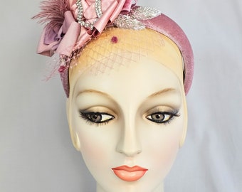 Champagne Pink Ribbon and Veil Headband, Rhinestone headband, velvet headband, millinery, fascinator, romantic headpiece, wedding bridal