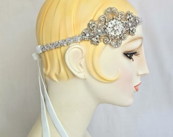 Silver and Pale Blue Sparkle Filigree Beaded Headband, Headpiece, Rhinestone headband, Beaded headband, Belle epoch, 1920's flapper