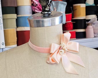 Chérie Pastel Pink Vintage Ribbon Bow and Flower Choker, jabot, bow tie, women's handmade accessories