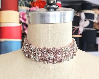 Elegance Rose Pink Rhinestone Choker, Velvet ribbon choker, belle epoch, Marie Antoinette, Regency