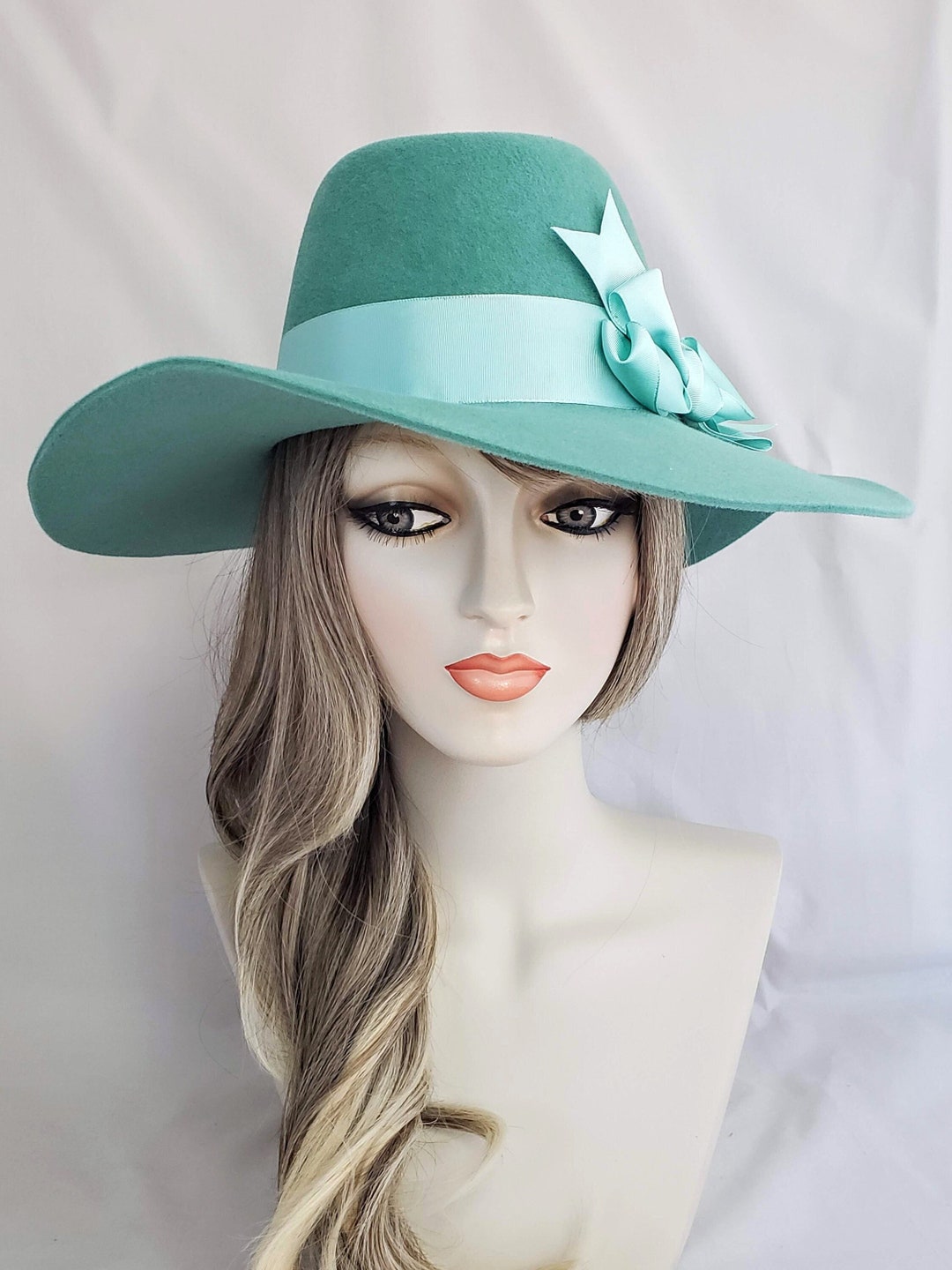 Fedora Large Brim Hat, Dark Seafoam Green Felt Hat, Floppy Brim, Boho