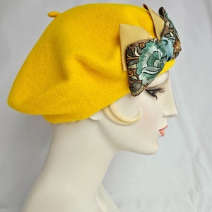 Golden Yellow Wool Beret with Floral Ribbon Bow, women's tam, winter hat, handmade retro style beret image 2