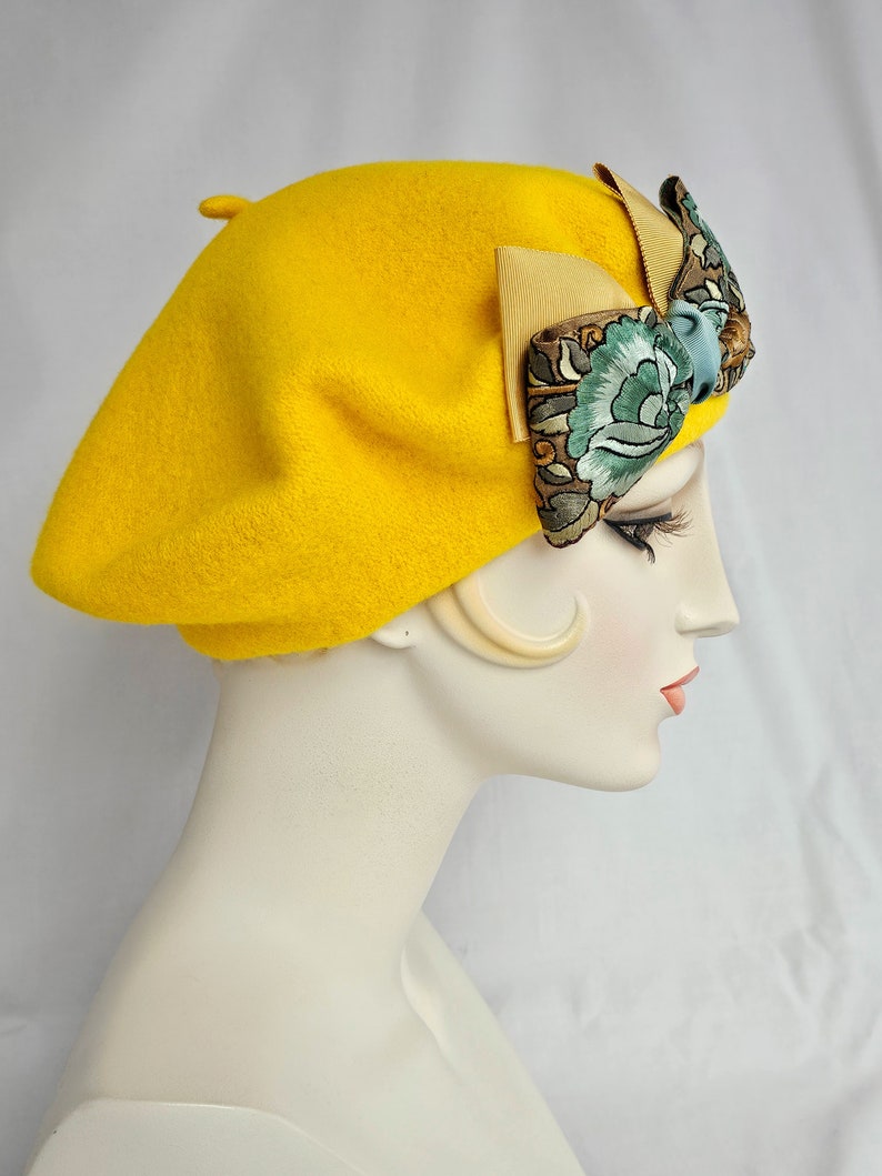 Golden Yellow Wool Beret with Floral Ribbon Bow, women's tam, winter hat, handmade retro style beret image 2