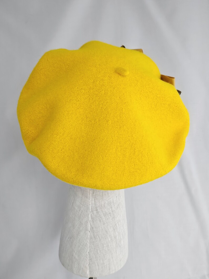 Golden Yellow Wool Beret with Floral Ribbon Bow, women's tam, winter hat, handmade retro style beret image 4