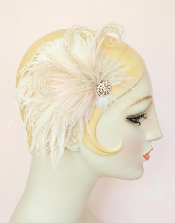 Ivory and Champagne Ostrich Feather Hair Clip with Rhinestone brooch, wedding bridal, 1920's flapper, belle epoch