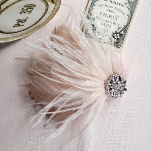 Champagne Pink Ostrich Feather Hair Clip with Rhinestone Brooch, wedding bridal, fascinator, belle epoch, 1920s flapper image 5