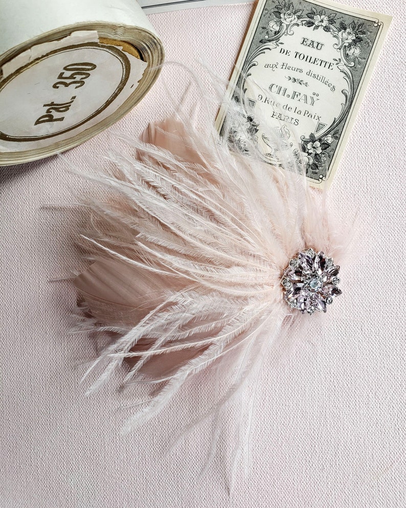 Champagne Pink Ostrich Feather Hair Clip with Rhinestone Brooch, wedding bridal, fascinator, belle epoch, 1920s flapper image 5