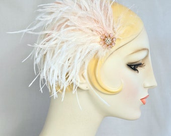 Ivory and Champagne Pink Ostrich Feather Hair Clip with Vintage Veil, Rhinestone brooch, wedding bridal, 1920's flapper, belle epoch