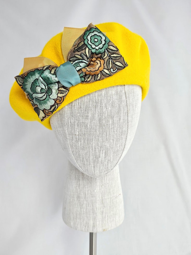 Golden Yellow Wool Beret with Floral Ribbon Bow, women's tam, winter hat, handmade retro style beret image 1