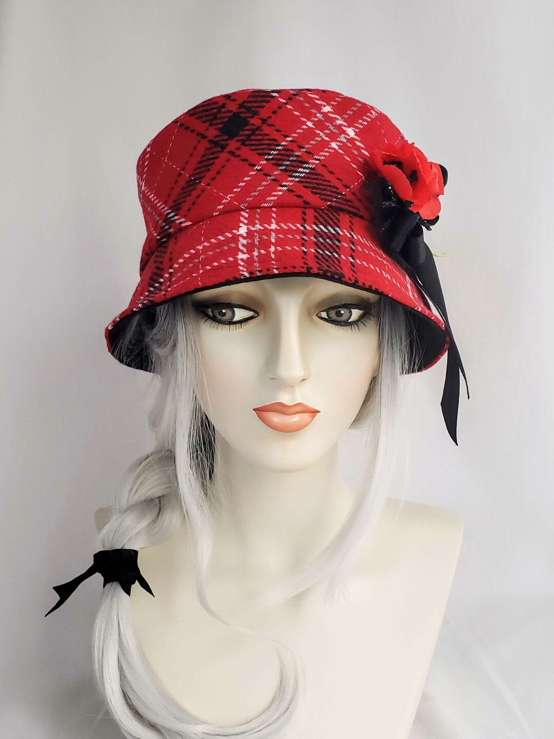 Red and Black Plaid Bucket Hat With Vintage Poppies , Fabric Cloche