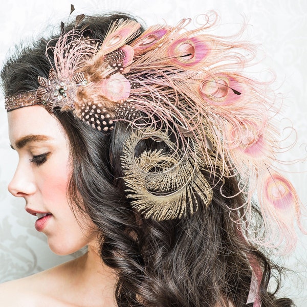 Dusty Rose Nymph Peacock Feather Flapper Headband