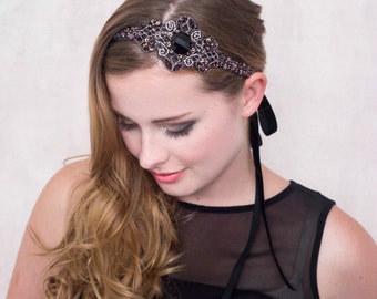 Baroque Rose Beaded Headband Headpiece, ribbon headband, applique headband, black and rose pink, 1920s headband, belle epoch