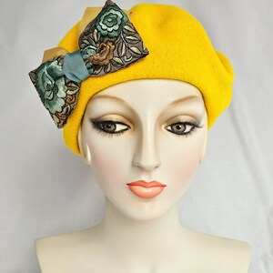 Golden Yellow Wool Beret with Floral Ribbon Bow, women's tam, winter hat, handmade retro style beret image 5