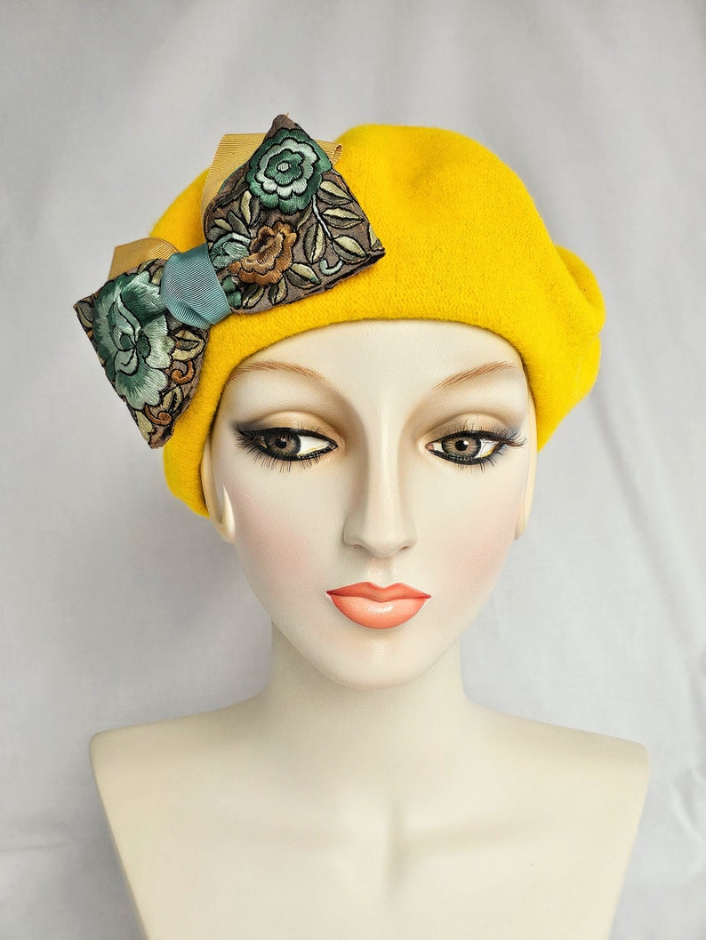 Golden Yellow Wool Beret with Floral Ribbon Bow, women's tam, winter hat, handmade retro style beret image 5