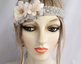 Cosette Floral Headband, beaded headband, ribbon headband, flapper Headband, silver and pink, wedding bridal