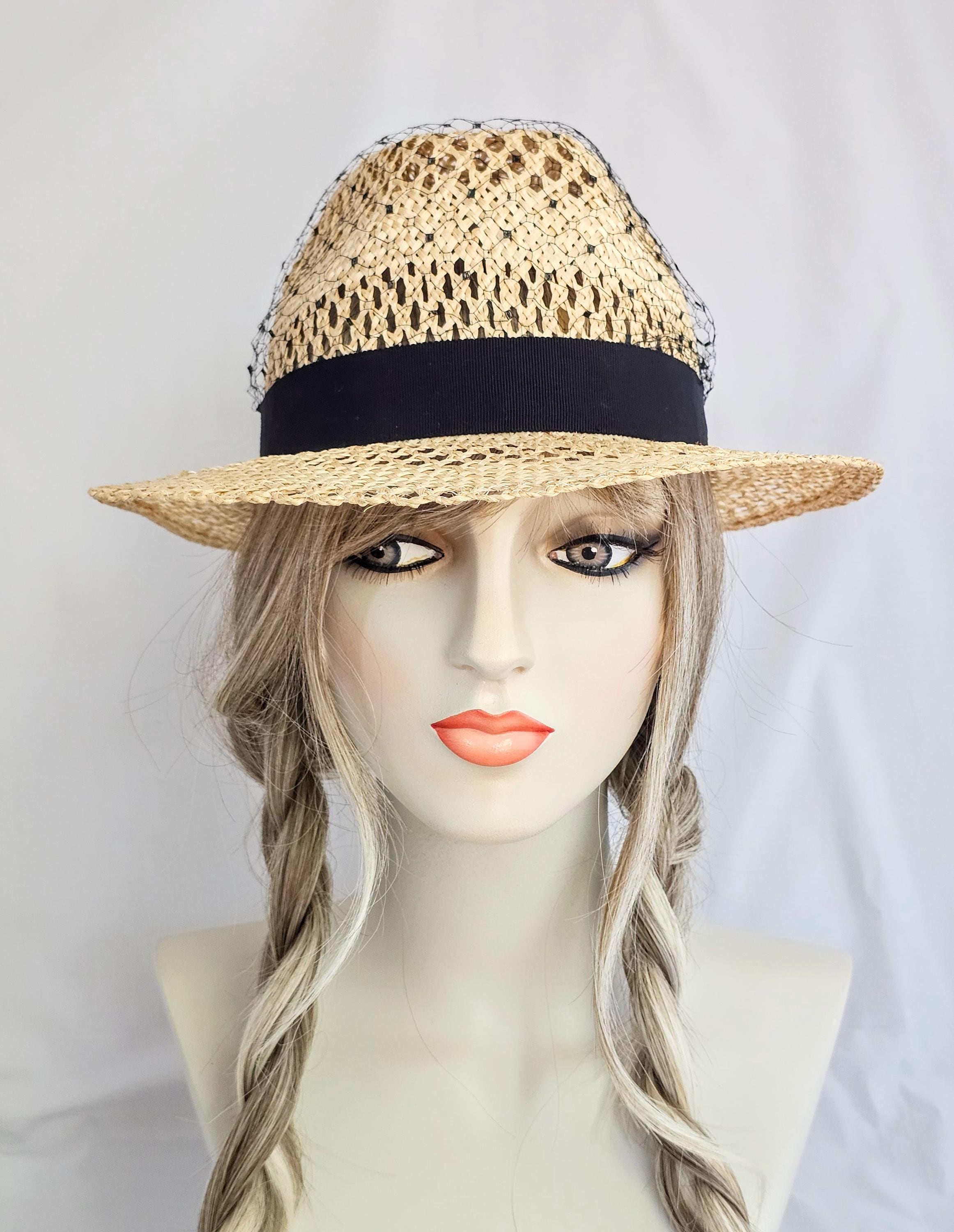 Summer Straw Fedora with Vintage Black Veil and Applique Straw Hat, Millinery